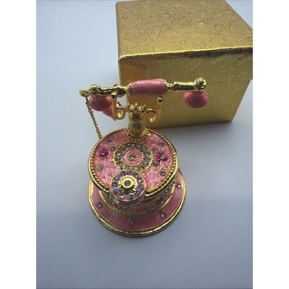 Hand Painted Pink Telephone Style Enameled Jewelry Trinket Box*